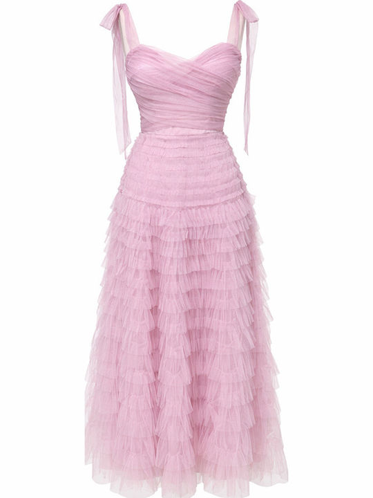 Summer Maxi Dress for Wedding Christening Satin with Tulle Pink