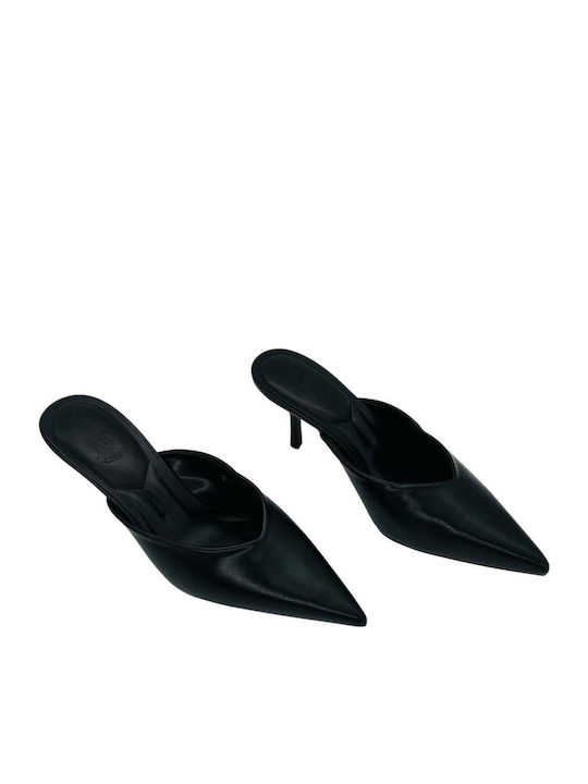 Leather Mules with Thin High Heel in Black Colour