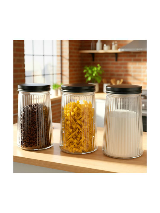 Vilde Set of 3 Jars for Coffee Pasta with Lid Glass Black 1000ml