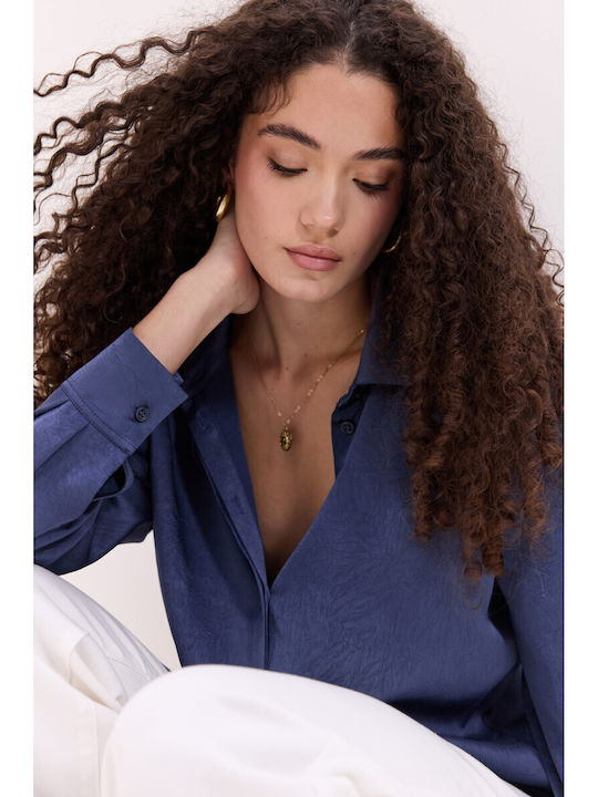Long Sleeve Women's Satin Shirt Blue