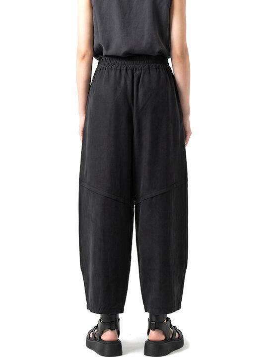 Black n Black Women's High Rise Fabric Trousers with Rubber Band in Loose Fit Black