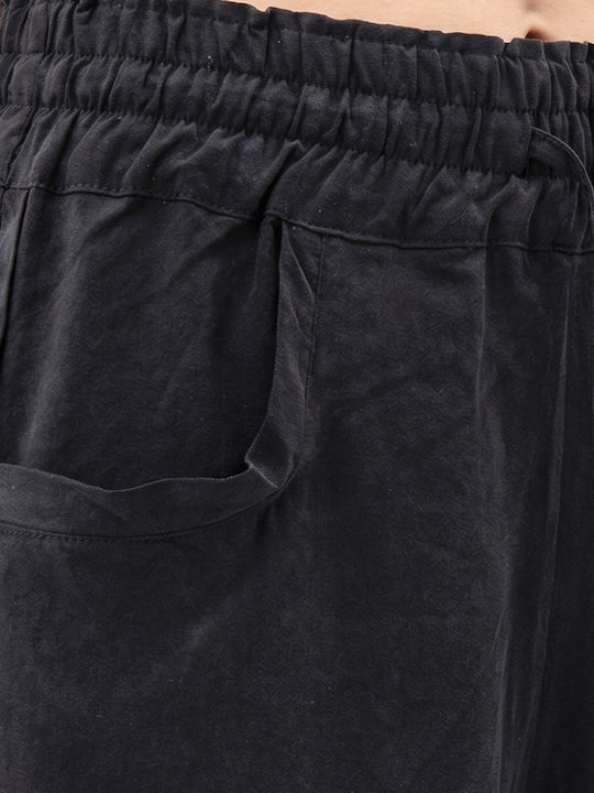 Damen Hochbund Stoffhose mit Gummiband in Loose Passform Schwarz S26B3312-Schwarz
