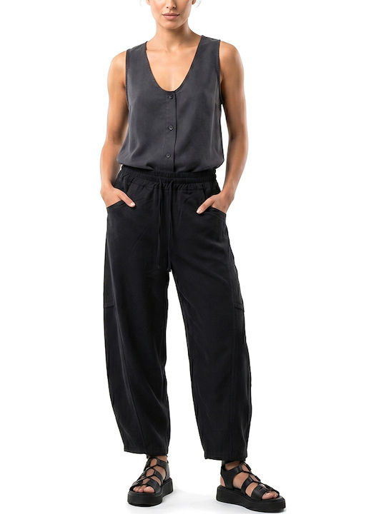 Damen Hochbund Stoffhose mit Gummiband in Loose Passform Schwarz S26B3312-Schwarz