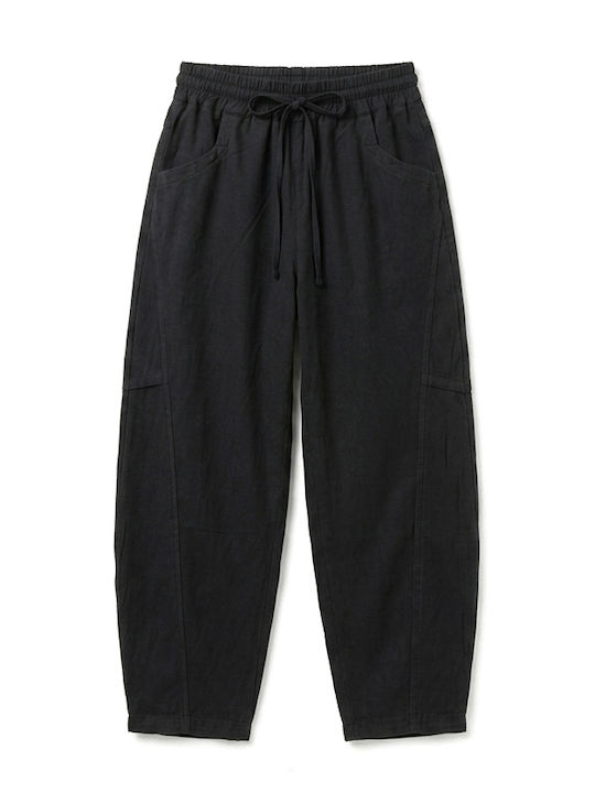 Damen Hochbund Stoffhose mit Gummiband in Loose Passform Schwarz S26B3312-Schwarz
