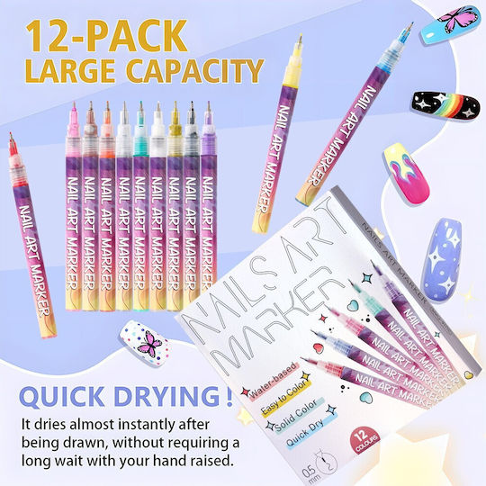 Kit Artă Unghii Flippy Set 12 Marcatoare Unghii Acrilice Vârf Ultra Fin 0,5 Mm 13 X 10 Cm Multicolor