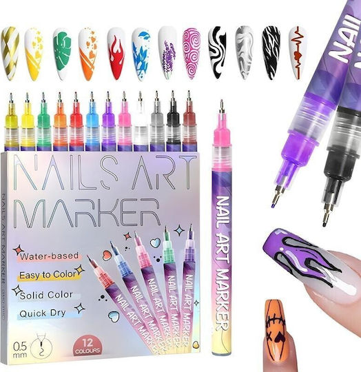 Kit Artă Unghii Flippy Set 12 Marcatoare Unghii Acrilice Vârf Ultra Fin 0,5 Mm 13 X 10 Cm Multicolor