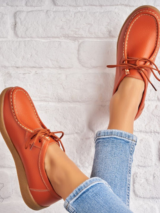 Δερμάτινα Γυναικεία Oxfords σε Πορτοκαλί Χρώμα