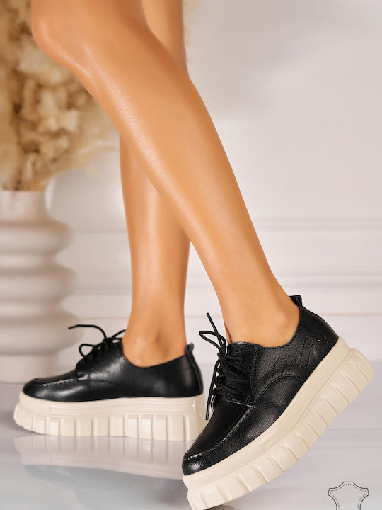 Δερμάτινα Γυναικεία Oxfords σε Μαύρο Χρώμα