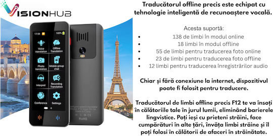Traducător Vocal Digital Inteligent Bidirecțional Peste 137 de Limbi Online Offline Visionhub Traducere în Timp Real Voce Text Fotografii Wi-fi Ecran Tactil de 2,4 Inch 8gb Negru