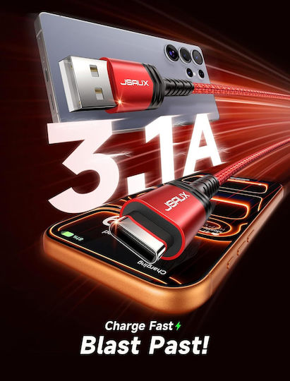 Jsaux Cablu USB 2.0 Împletit USB-C Mascul - USB-A 18W Roșu 2m