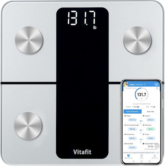 Vitafit Smart Badezimmerwaage 180kg mit Körperfettmessung & Bluetooth Silber