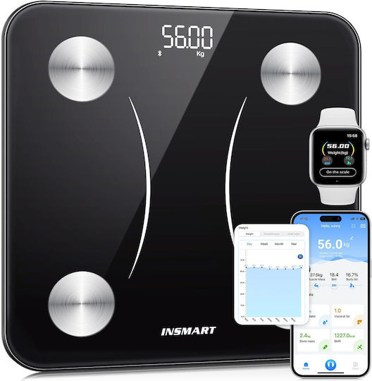 Insmart Smart Cantar De Baie 180kg Cu Analizator De Grăsime Corporală Și Bluetooth Negru