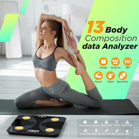 Runstar Smart Cantare De Baie 180kg Cu Analizator De Grăsime Corporală Și Bluetooth Neagră