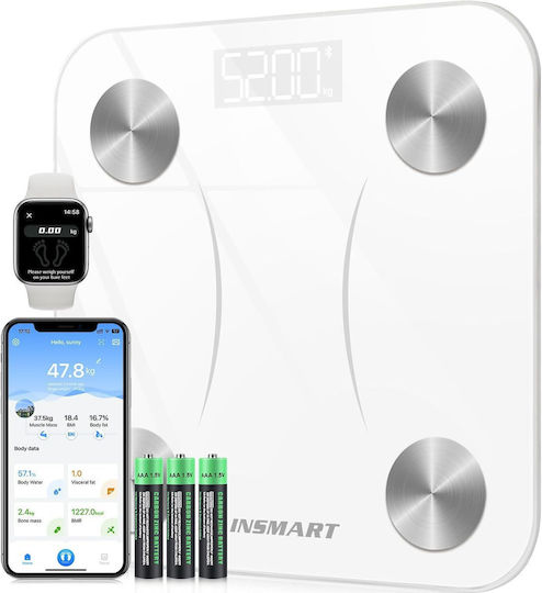 Insmart Smart Cantar De Baie 180kg Cu Analizator De Grăsime Corporală Și Bluetooth Albă