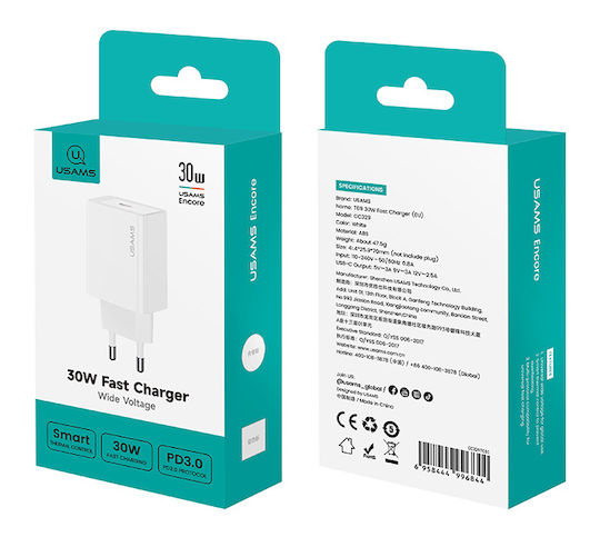 Usams Charger Without Cable with USB-C Port 30W Quick Charge 3.0 White (T69)
