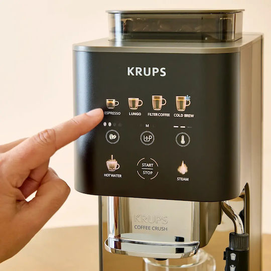 Krups Αυτόματη Μηχανή Espresso 1450W Πίεσης 15bar για Cappuccino με Μύλο Άλεσης Ασημί SA403BE0