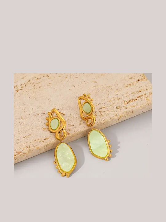 Single Dangle Steel Gold Plated Earrings with Stones Green