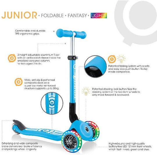 Globber Kids Scooter Foldable Junior 3-Wheel for 6+ Years Blue