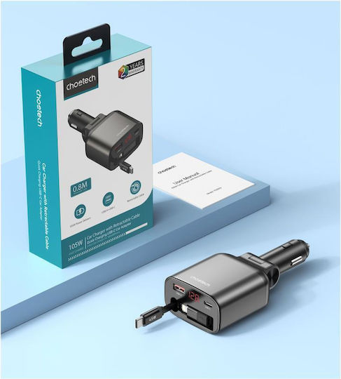Choetech Auto-Ladegerät 105W 9.5A Schnellladen mit Anschlüssen: 1xUSB-A 1xType-C mit Kabeltyp Type-C Gray Farbe