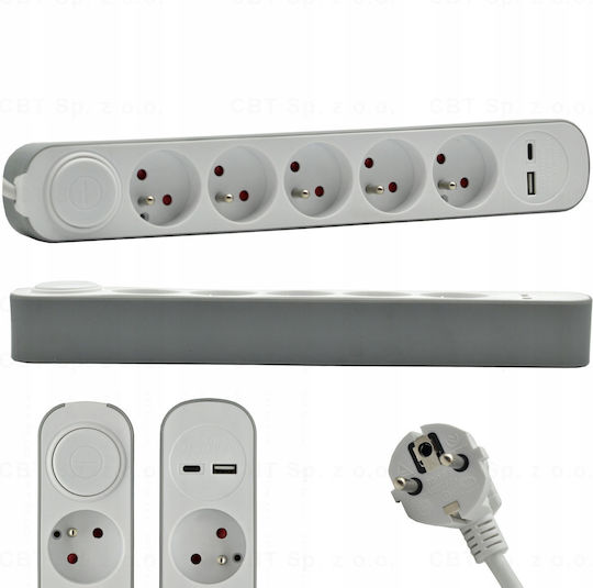 Fixed Extension Cord 5x Schuko Switch 1x Usb A 1x Usb C 1.5m Ps-570sws+usba+usbc/1.5 E W-30009