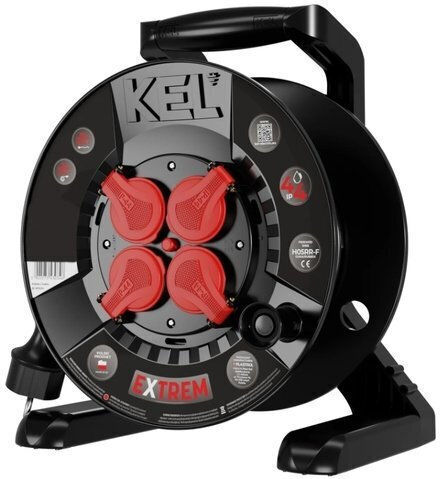 Extreme Line Reel Extension Cord 4 Sockets Switch Ip44 16a H05rr-f 3x1.5 15m Black W-100022