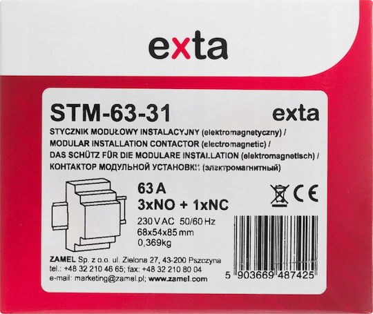 Zamel Modular Installation Contactor 63a 3no+1nc 230v Ac Type Stm-63-31 Ext10000301