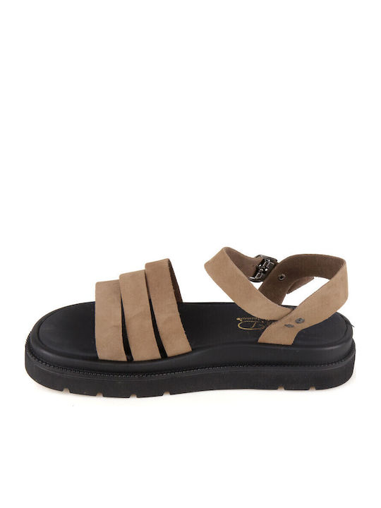 Δερμάτινα Γυναικεία Σανδάλια Flatforms Καφέ