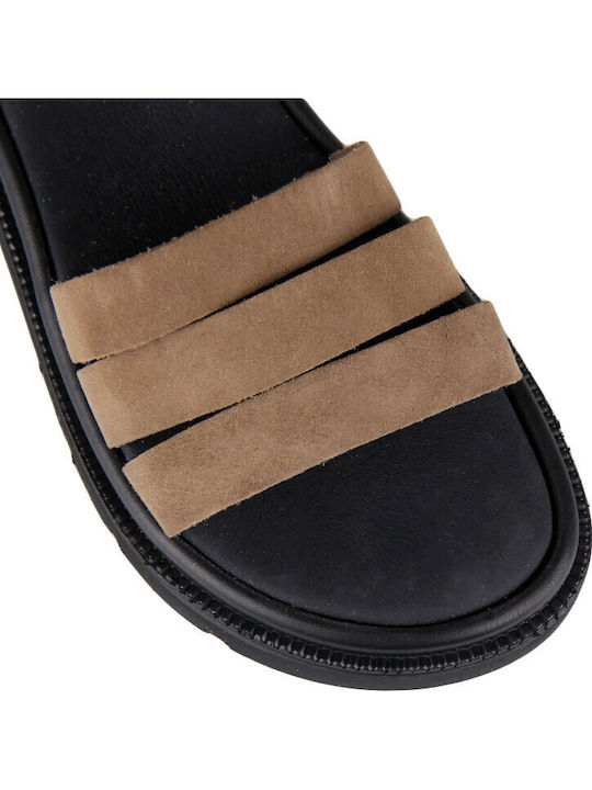 Δερμάτινα Γυναικεία Σανδάλια Flatforms Καφέ