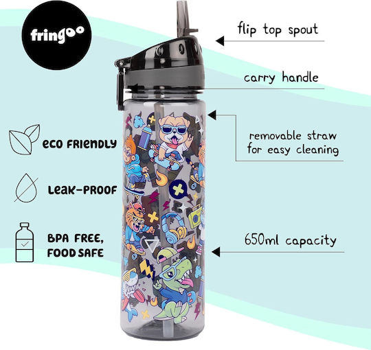 Fringoo Kids Plastic Water Bottle With Straw Non Spill Black 650ml