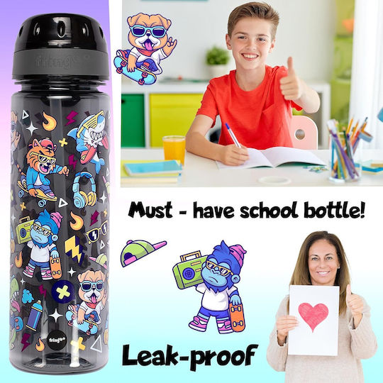 Fringoo Kids Plastic Water Bottle With Straw Non Spill Black 650ml