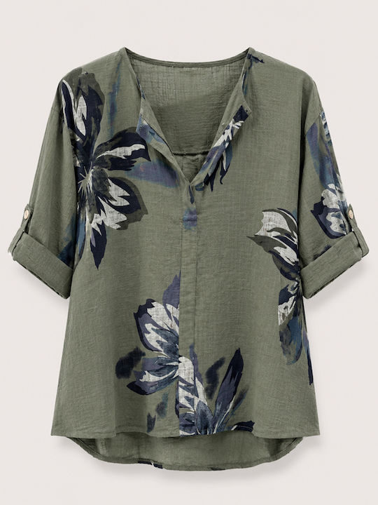 Women's Cotton Blouse with 3/4 Sleeve & V-Neckline Floral Khaki