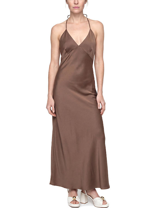 Dress Women Twenty-29 Καλοκαιρινό Maxi Βραδινό Φόρεμα Κομπινεζόν Σατέν Εξώπλατο Καφε