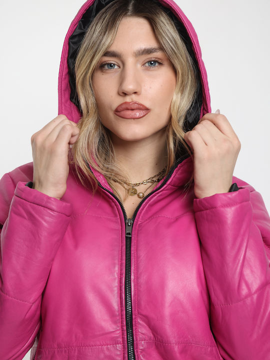 Leather Women's Jacket for Winter Fuchsia