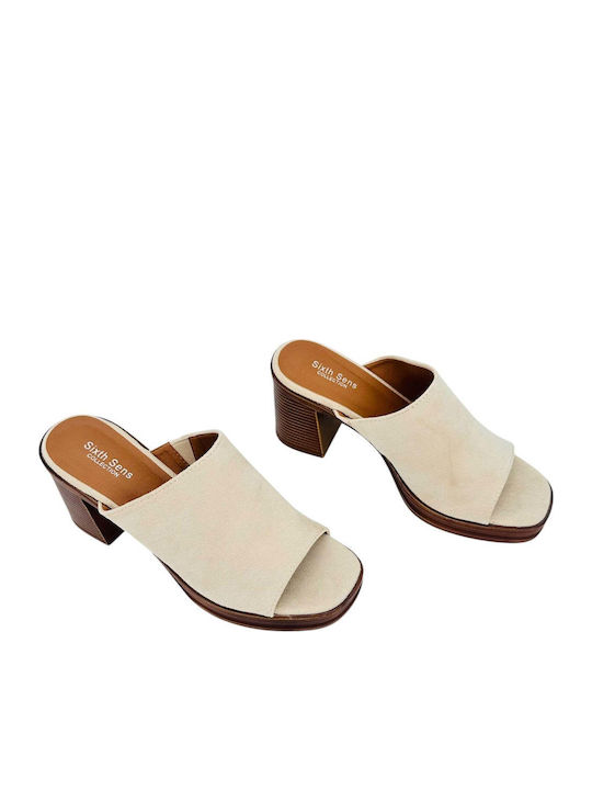 Leather Mules with Chunky High Heel in White Colour