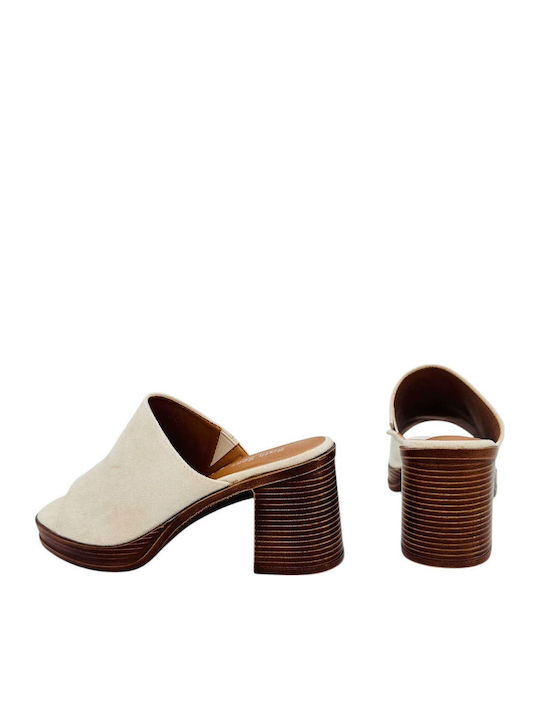 Leather Mules with Chunky High Heel in White Colour