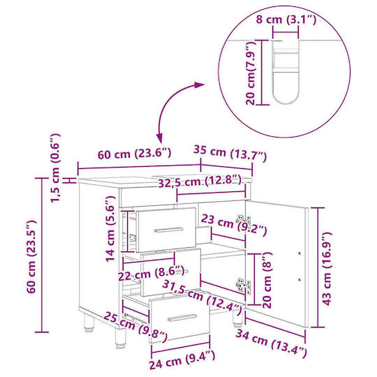 vidaXL Pătrat Fără Unitate De Mobilier Pentru Baie L60xA35xÎ60cm Gri Sonoma