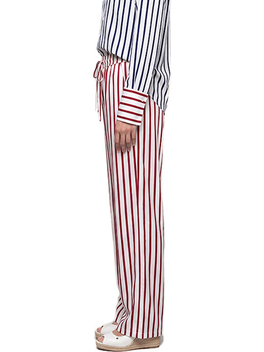Pants Women Twenty-29 High Rise Fabric Trousers with Rubber Band in Straight Leg Striped Red-White