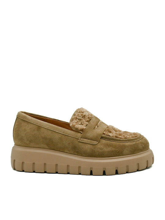 Δερμάτινα Γυναικεία Loafers σε Μπεζ Χρώμα