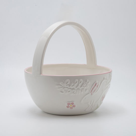 Suport Pentru Ouă Decorațiune De Paște Coș De Paște Iepuraș Ceramic Alb Roz 19.4x19.5x20.2cm 818-00023