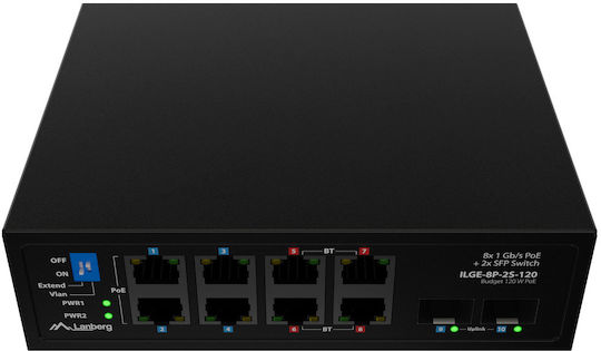 Lanberg ILGE-8P-2S-120 Unmanaged L2 PoE++ Switch with 8 Gigabit (1Gbps) Ethernet Ports and 2 SFP Ports