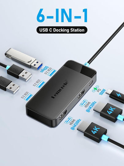 Lemorele TC122 USB-C Лаптоп Докинг Станция с HDMI 4K PD и Свързване на 2 Монитора Черен