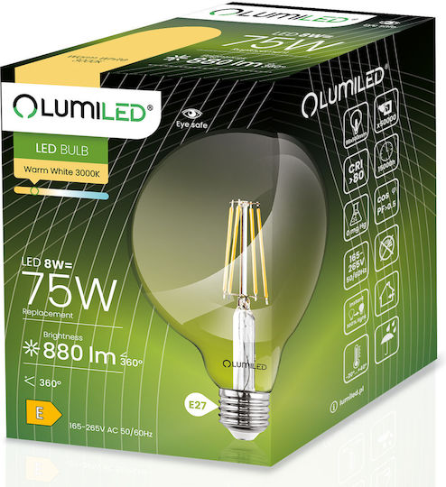 Lumiled Λάμπα LED 8W για Ντουί E27 και Σχήμα G95 Θερμό Λευκό 880lm