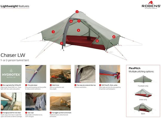 Robens Chaser 2 LW Σκηνή Camping Τούνελ Ορειβασίας Λευκή με Διπλό Πανί 3 Εποχών για 2 Άτομα Αδιάβροχη 2000mm 225x165x95εκ.