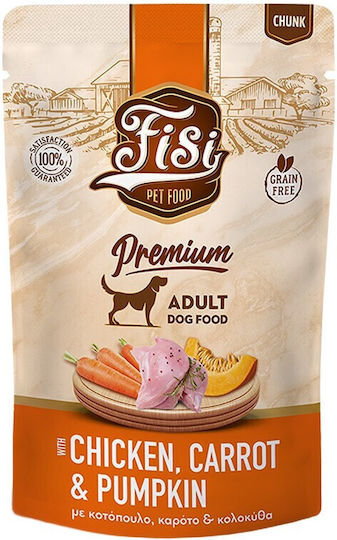 Fisi Dog Adult Grain Free Kοτόπουλο Καρότο & Κολοκύθα 130g Υγρή Τροφή Πρακτικό Φακελάκι Pouch Ειδικά Σχεδιασμένη Τις Καθημερινές Ανάγκες Ενήλικων Σκύλων