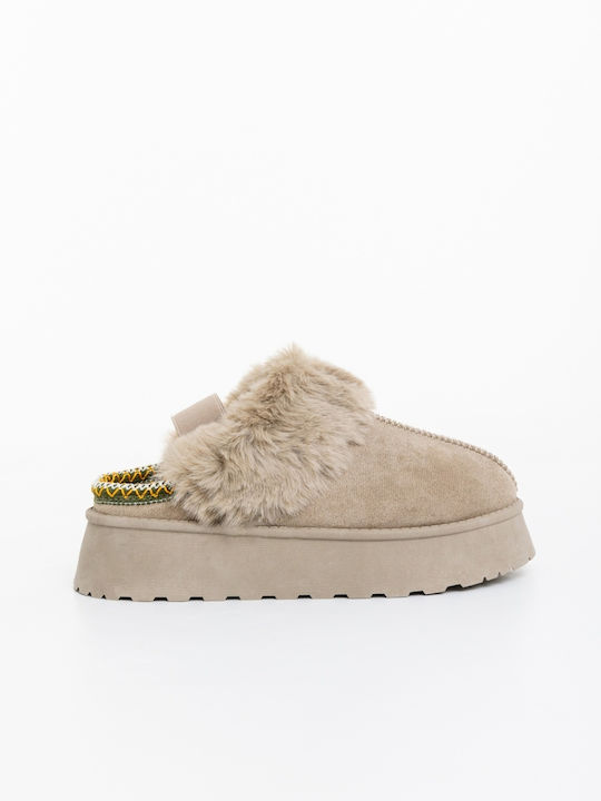 Winter Women's Slippers with Beige Fur