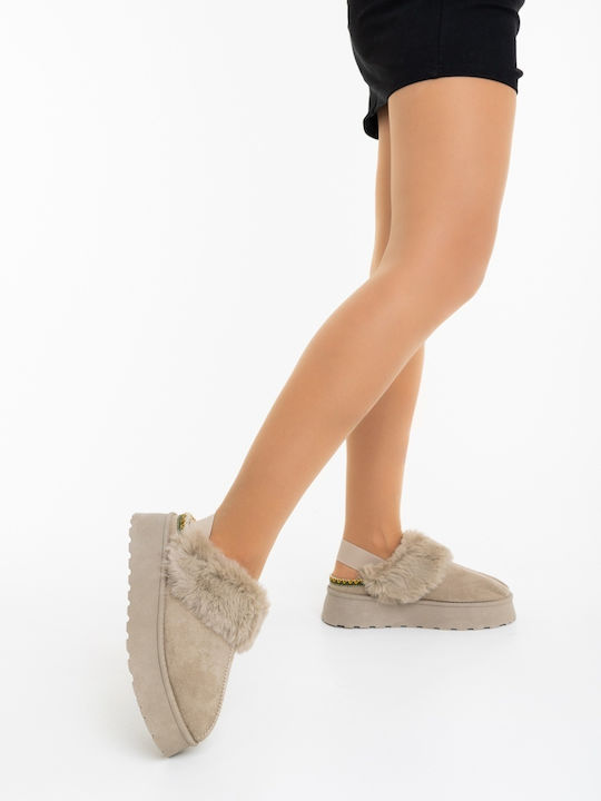 Winter Women's Slippers with Beige Fur