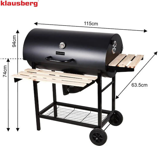 Barbecue Charcoal Klausberg Kb 9033 Cover Lock Thermometer Side Shelves Ash Drawer Wheels Steel Black