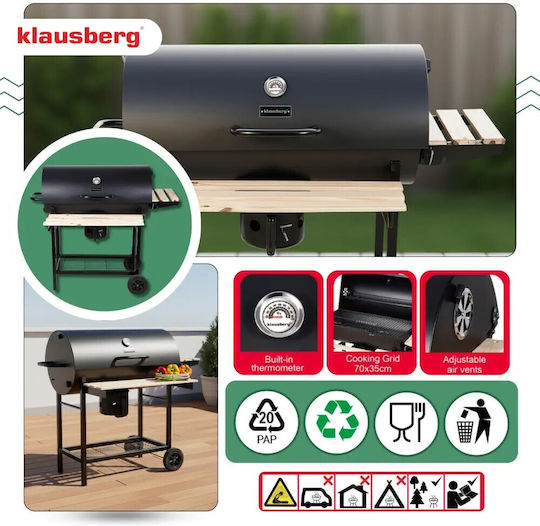 Barbecue Charcoal Klausberg Kb 9033 Cover Lock Thermometer Side Shelves Ash Drawer Wheels Steel Black