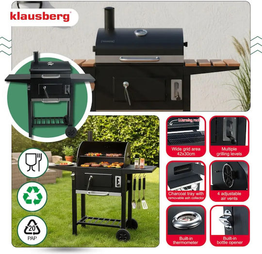 Klausberg Kb 9034 Holzkohlegrill Kamin Mit Einstellbarer Belüftung Asche Schublade Thermometer Stahlräder Schwarz