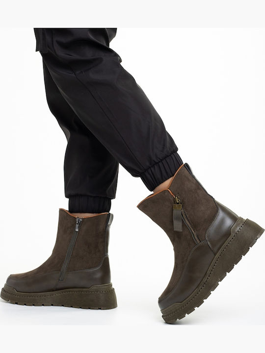 Leder Damen Stiefeletten mit Plattform & Pelz Grüne